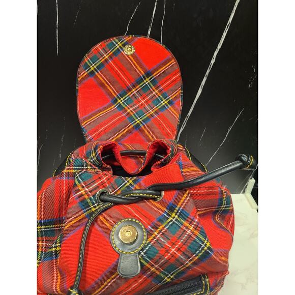 Dooney & Bourke VTG Large Red Tartan Plaid & Leather Backpack Drawstring TR573 - Picture 4 of 16